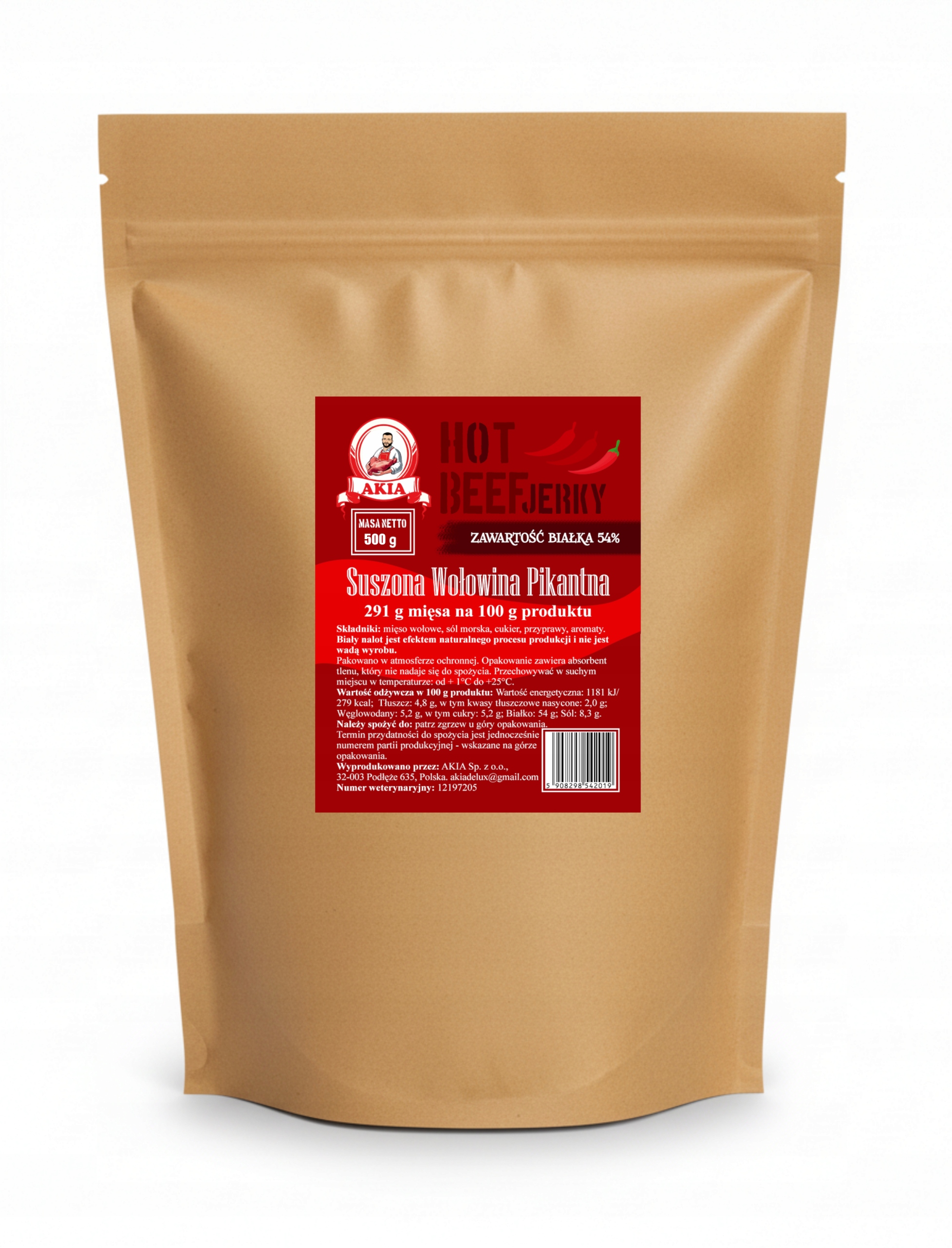 Levně Akia Beef Jerky, sušené maso, sušené pikantní hovězí maso 500 g