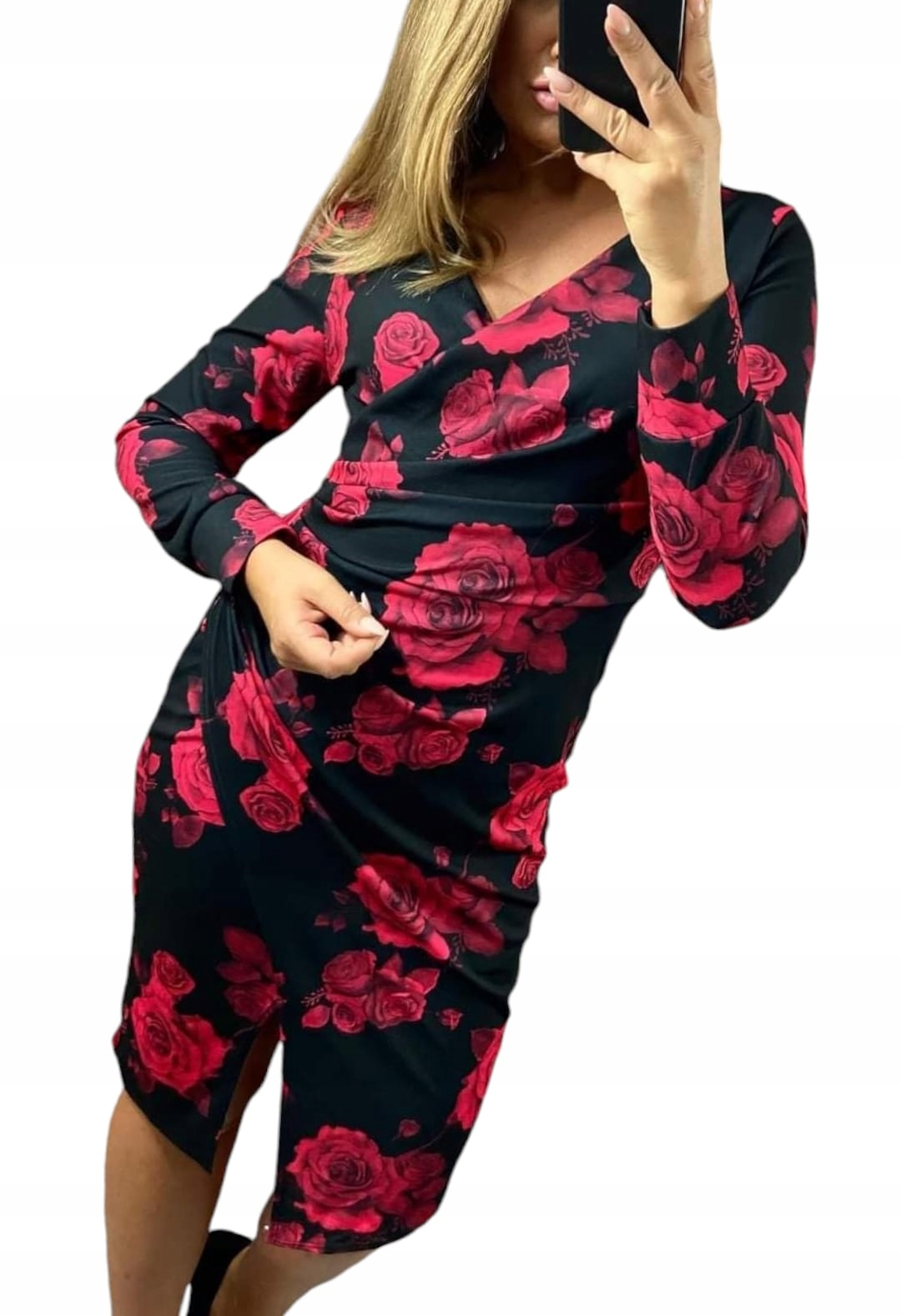 V761 Nová Kolekce Elegantní Šaty Obálková S Květinami 7 vel. 42 (XL)