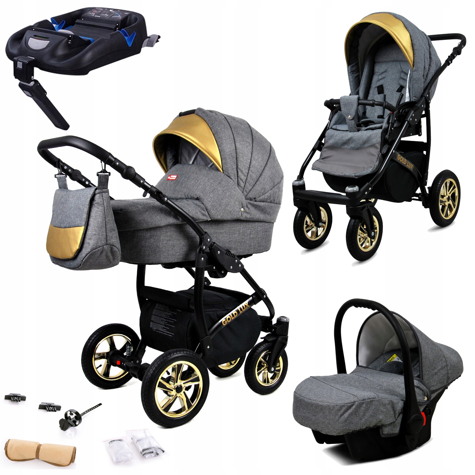 Wózek dziecięcy 4w1 BabyLux Gold Lux spacerówka gondola fotelik baza Isofix