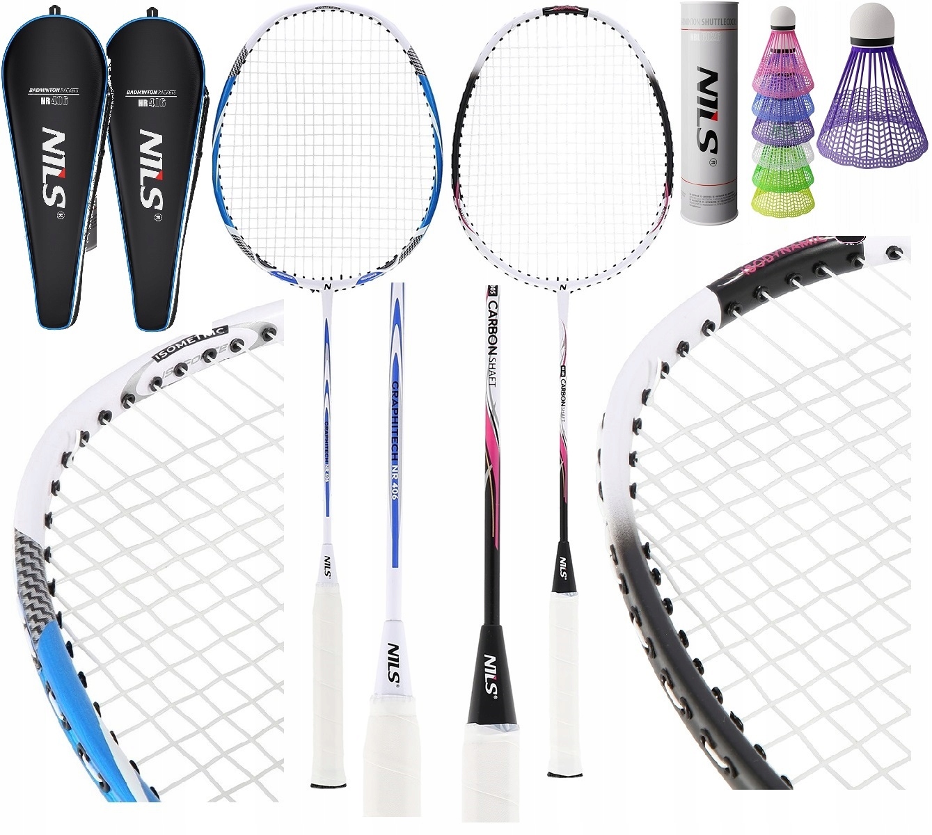 Zestaw Do Badmintona Nils 2 x Rakietki Grafit Carbon Alu 6x Lotki 2 x Torba