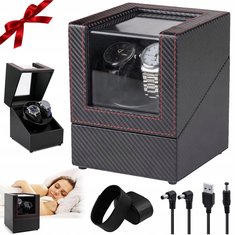 2PCS AUTOMATYCZNY ROTOMAT NA ZEGAREK CICHY PU SKÓRA CZARNY KARBON PREZENT