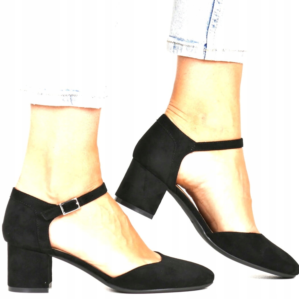 iButy Lodičky Sandály S Páskem Na Klocku Černé Semišové Nízké Pohodlné