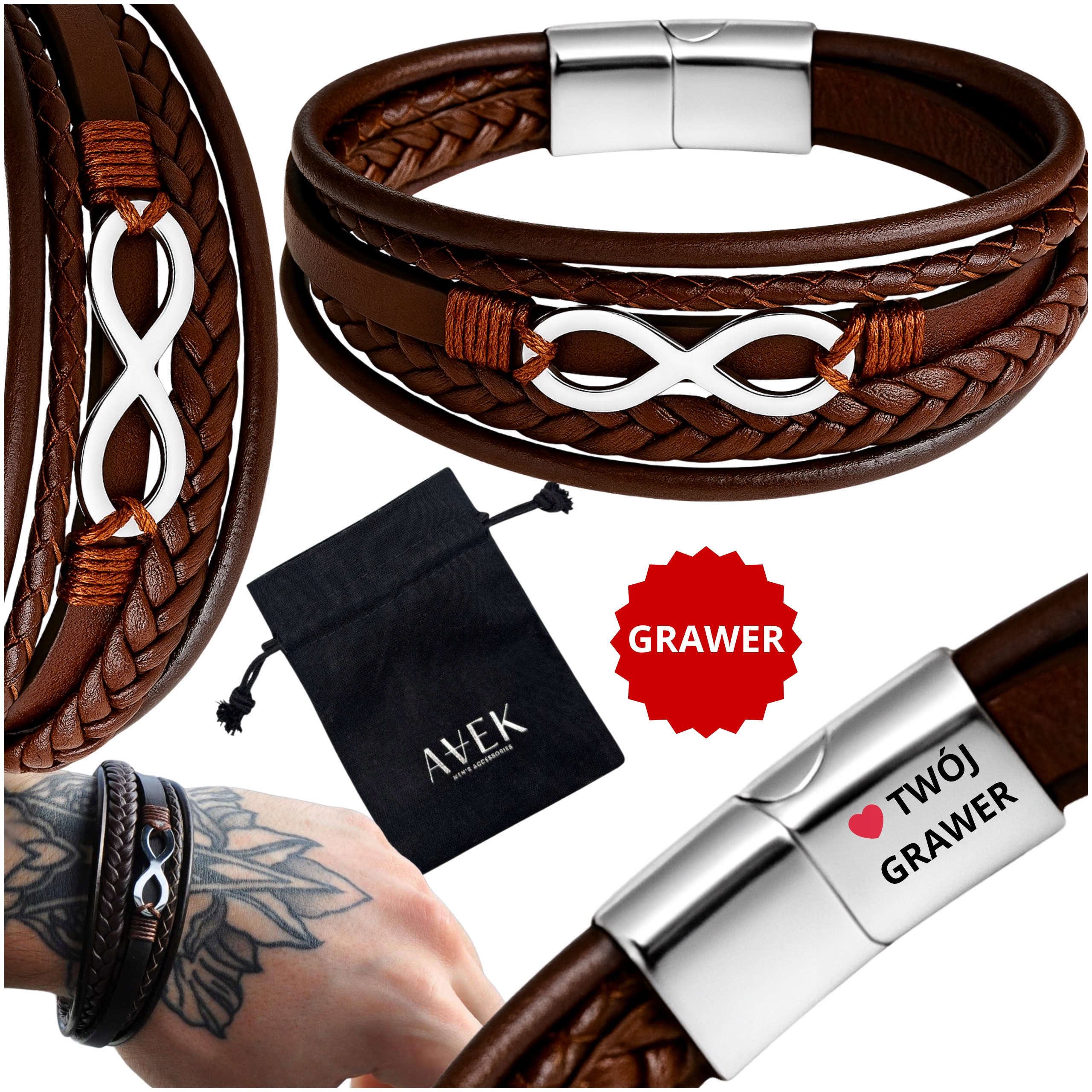 Pánský Náramek S Gravírováním Gravírování Z Kůže, Hnědá Kůže, Ocel 21 CM