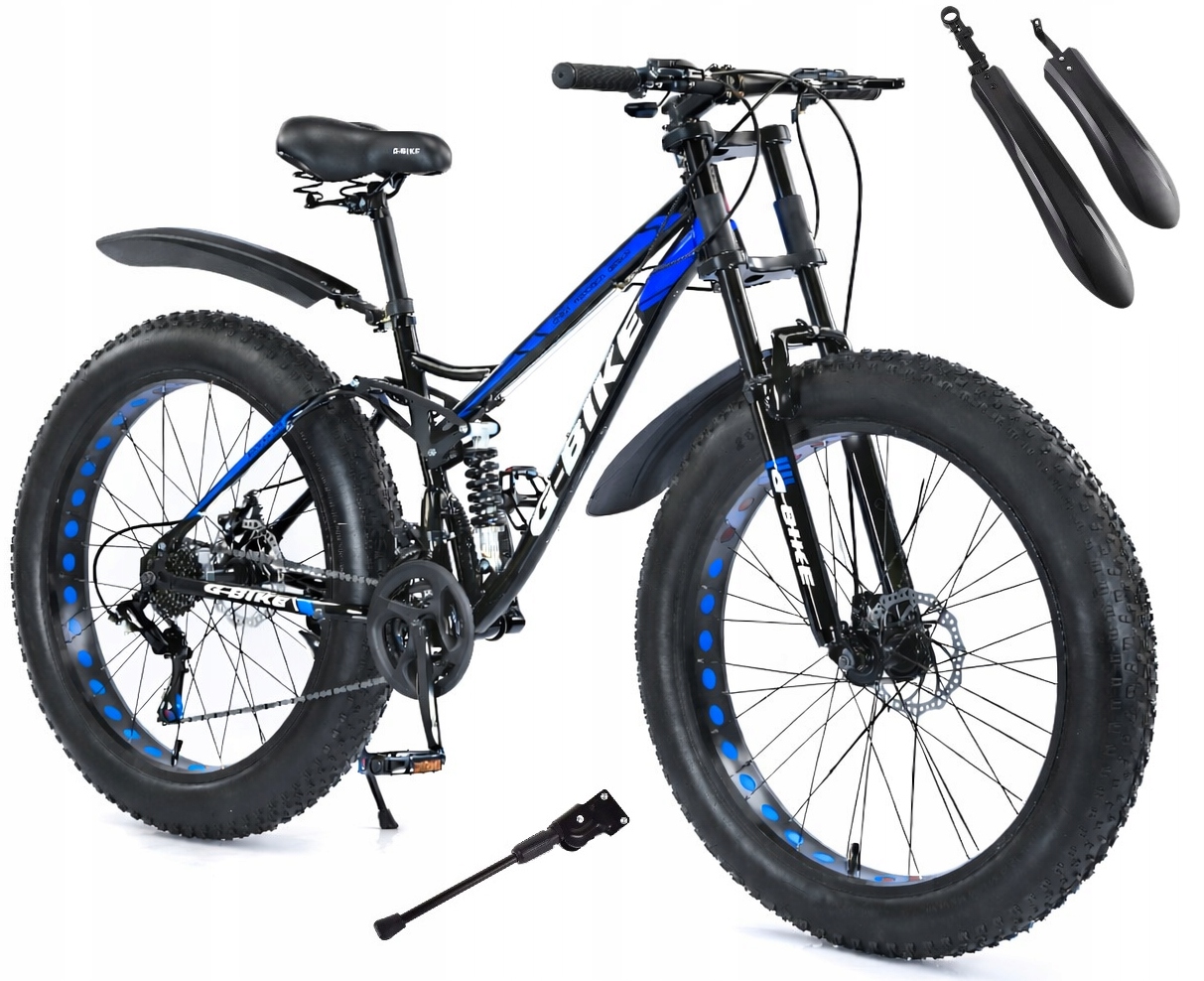 Rower 17 Fatbike 2 x Amortyzator 21 biegów Koło 26 Czarno Niebieski