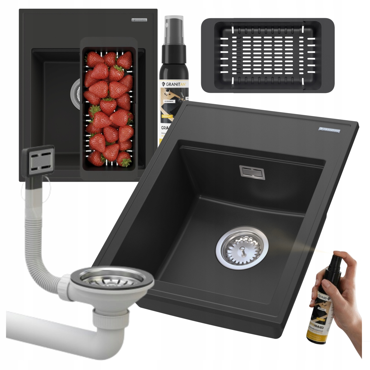 Granitový dřez Jednokomorový Dřez sifon Sada Černý odkapávač Alor