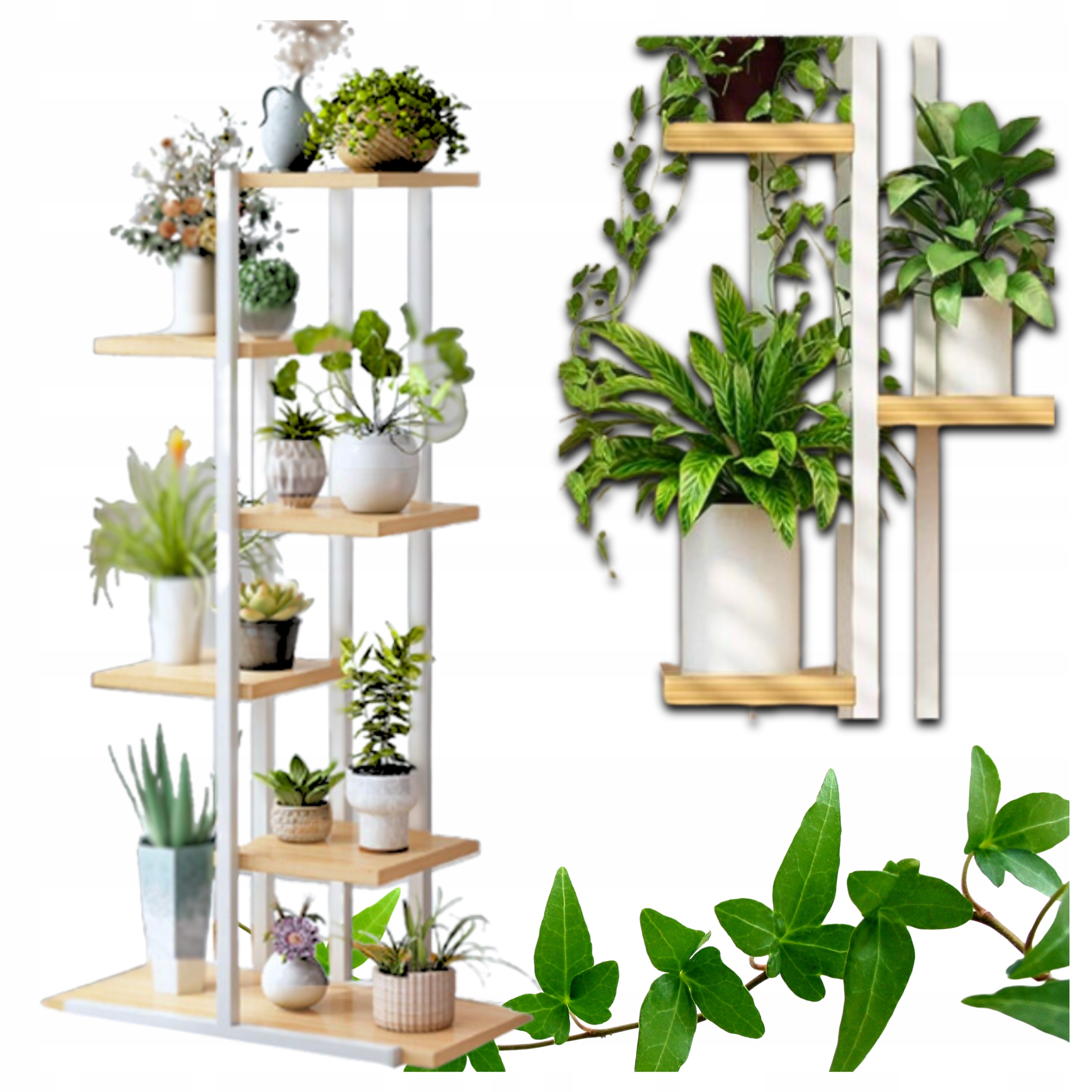 KWIETNIK DUŻY STOJAK NA KWIATY METALOWY REGAL PÓŁKA NA ROŚLINY BIAŁY DREWNO