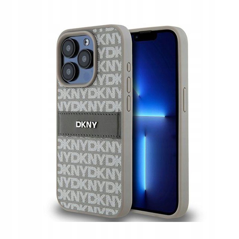Dkny Leather Mono Stripe & Metal Logo Pouzdro pro iPhone 15 Pro Max (béžové)