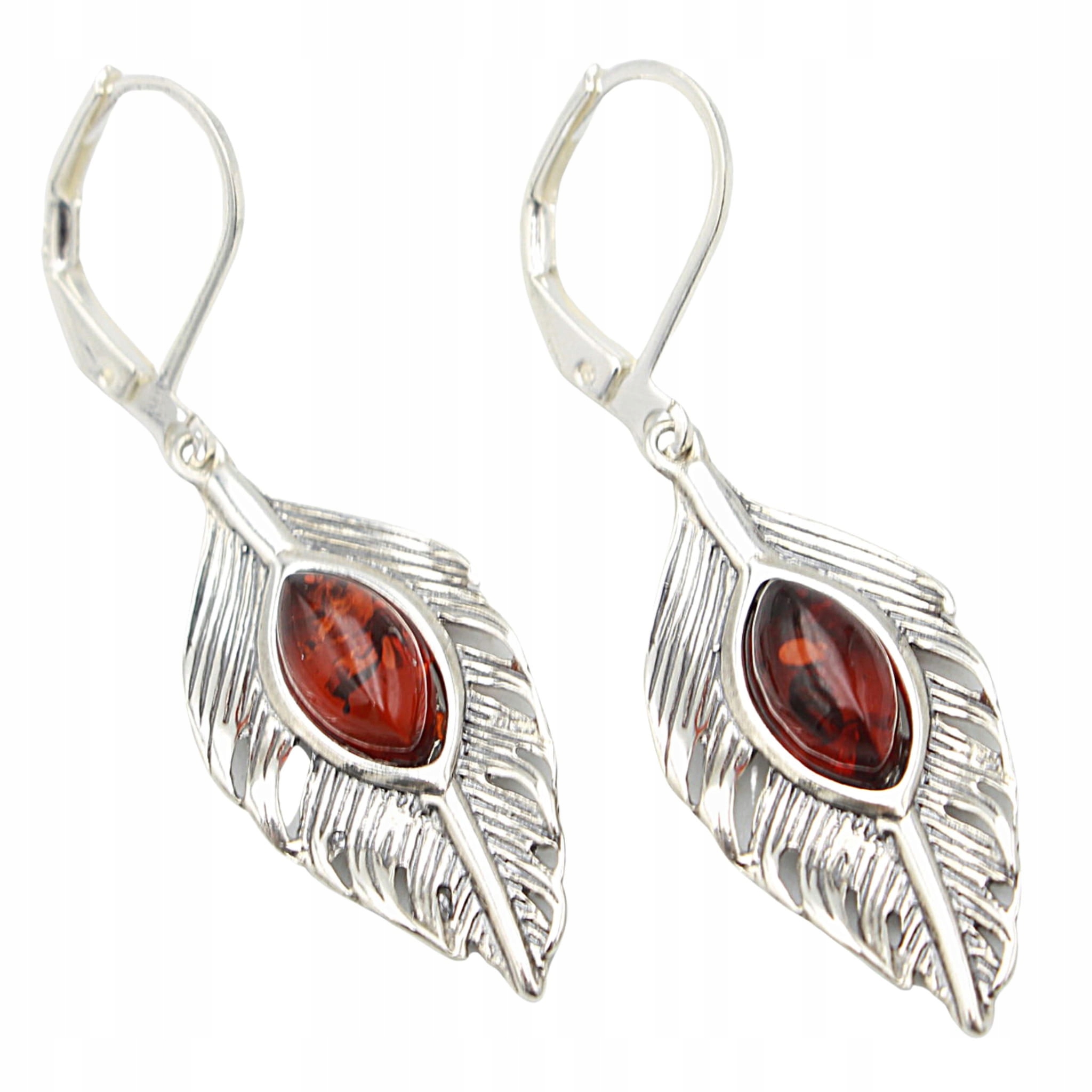 Piórka Kolczyki Srebrne Z Naturalnym Bursztynem