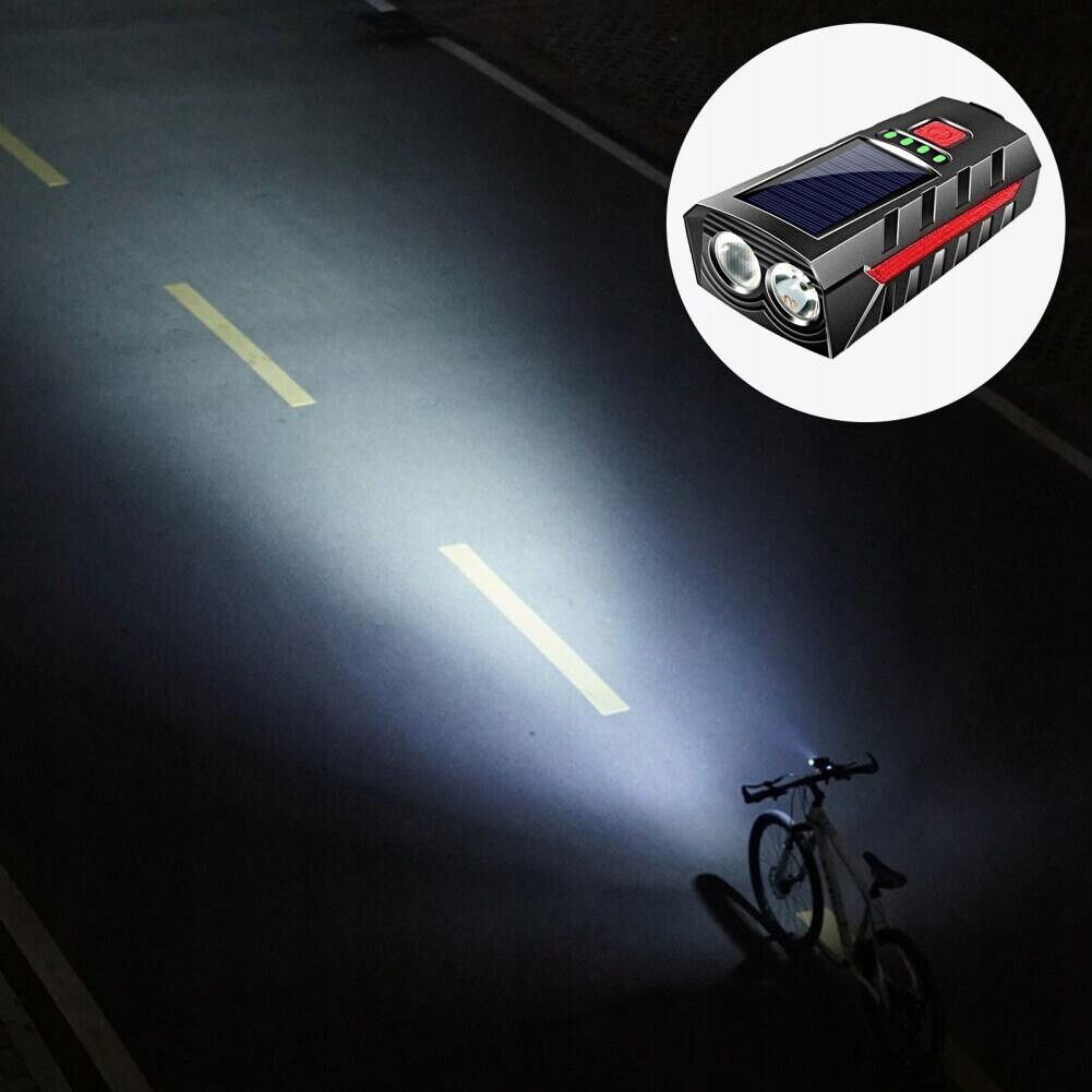 ZESTAW OŚWIETLENIA ROWEROWEGO LED, ŁADOWANIE SŁONECZNE, WODOODPORNA, 120DB Zasilanie akumulator