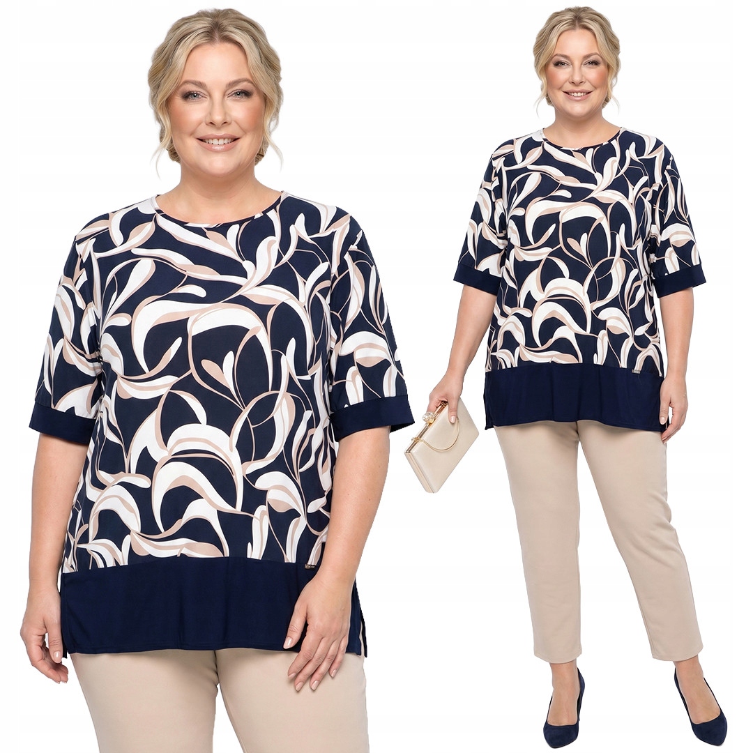 Tmavě modrá bílo-béžová halenka s plus size vzory velikost 56