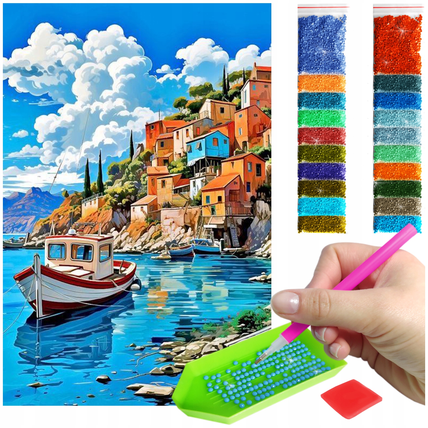 Výšivka Diamond Painting mozaika malebná přímořská vesnice sada