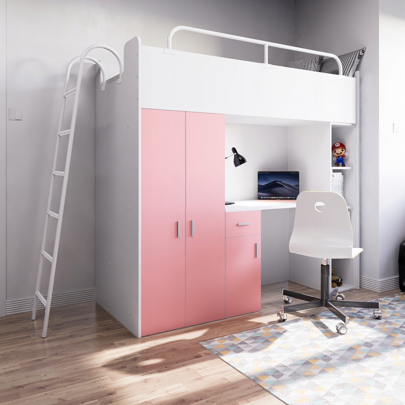 Łóżko piętrowe JSM4 80x190 cm z szafą, biurkiem i drabinką grafit Długość mebla 240 cm