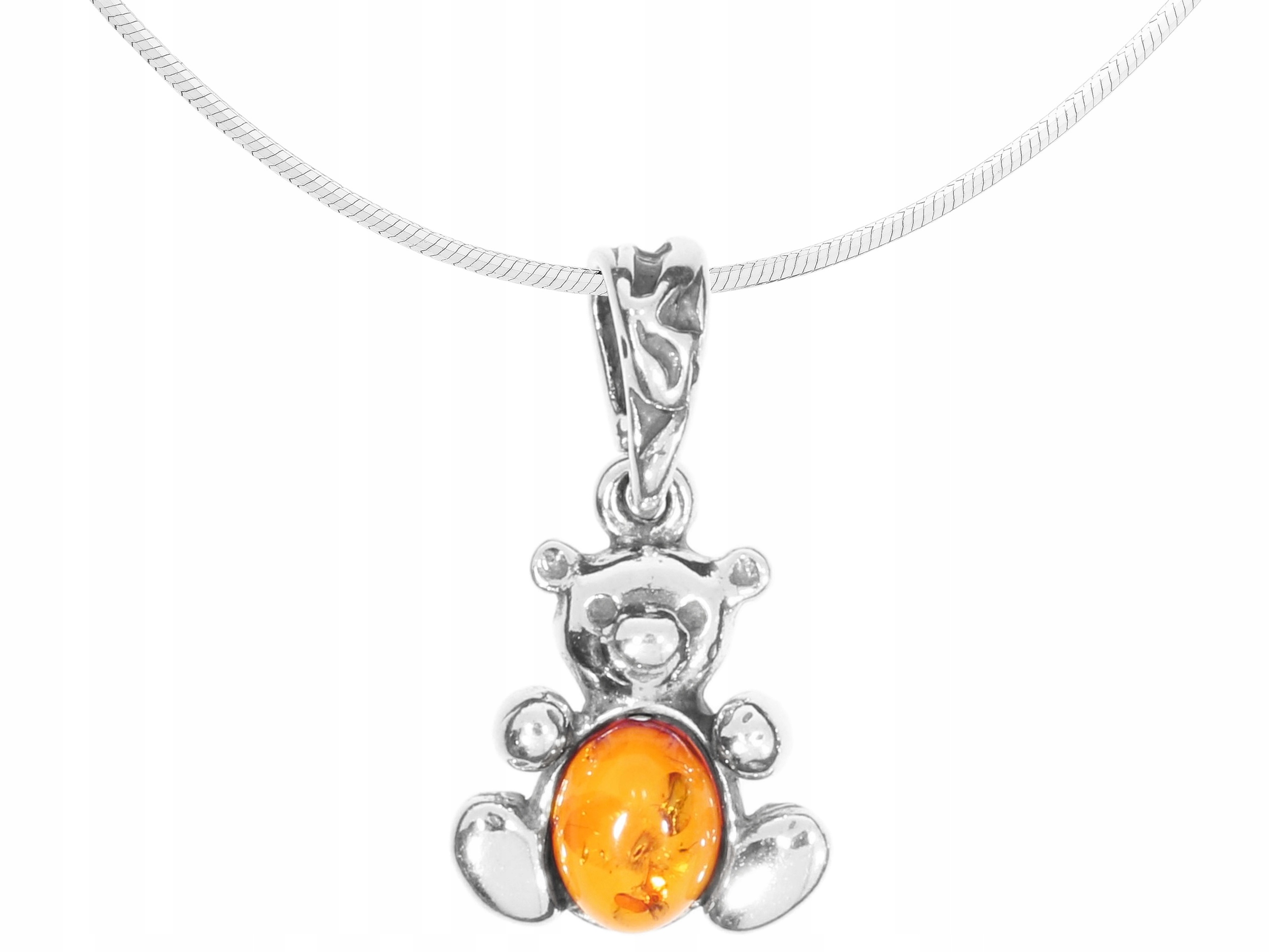 Dlouhý stříbrný dámský náhrdelník s medvídkem Oxidovaný medvídek s jantarem 60