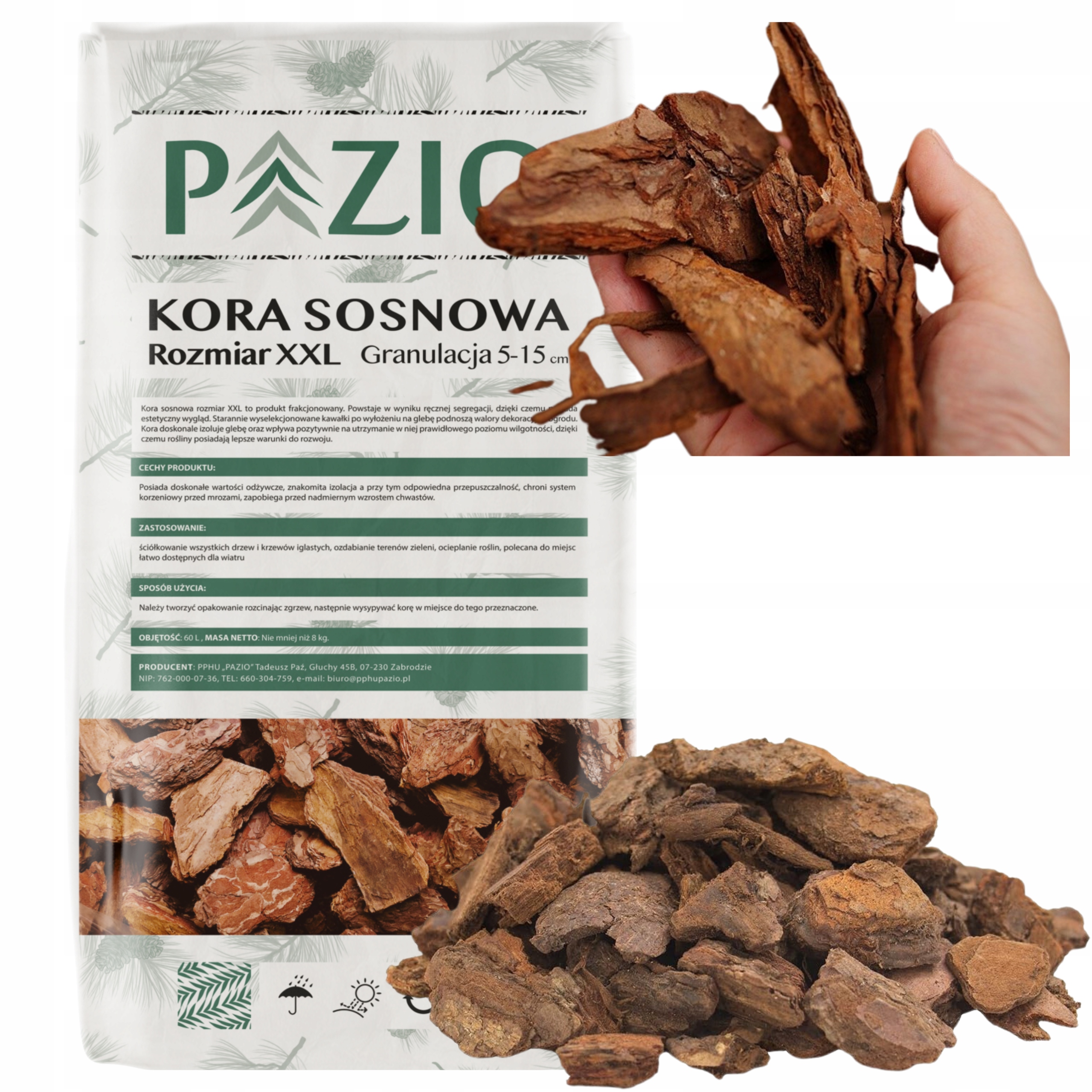 KORA SOSNOWA GRUBA XXL 5-15cm 60L OGRODOWA DEKORACYJNA RĘCZNIE SORTOWANA