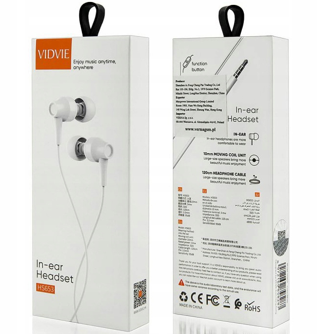 SŁUCHAWKI PRZEWODOWE Z WBUDOWANYM MIKROFONEM VIDVIE Marka VIDVIE