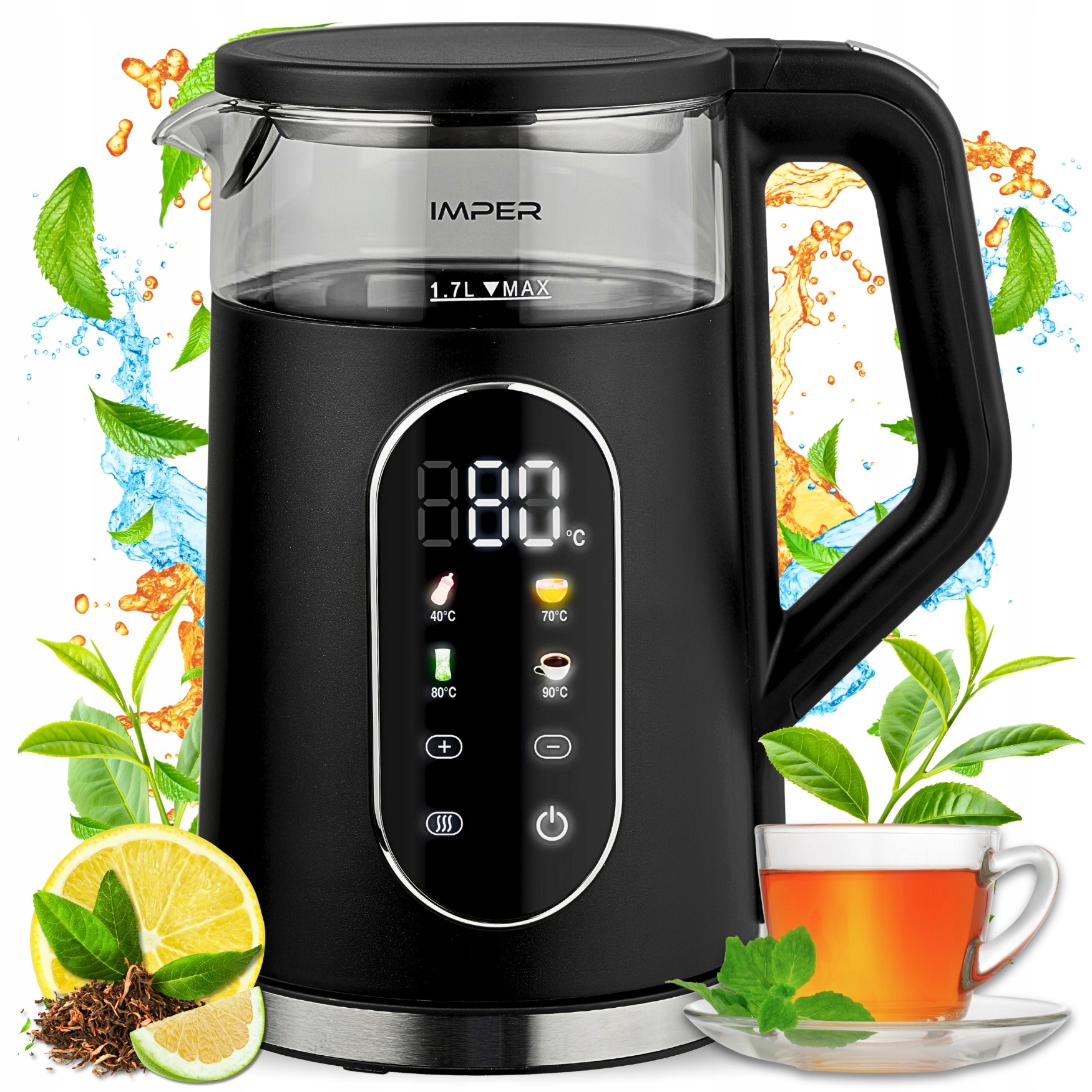 Czajnik Elektryczny Szklany Z Regulacja Temperatury Czarny Led 1,7L 2200W