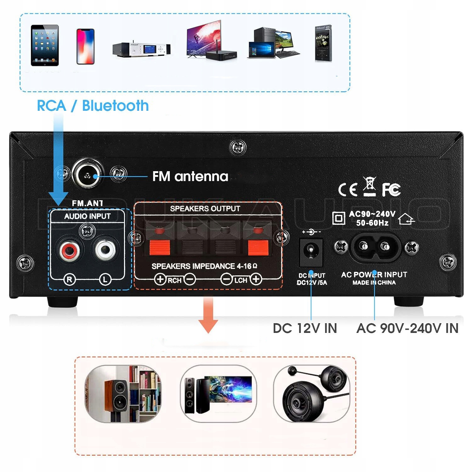 WZMACNIACZ HIFI Z BLUETOOTH STEREO AUDIO AMPLIFIER RADIO FM 40W X 2 Z PILOT Marka bez marki