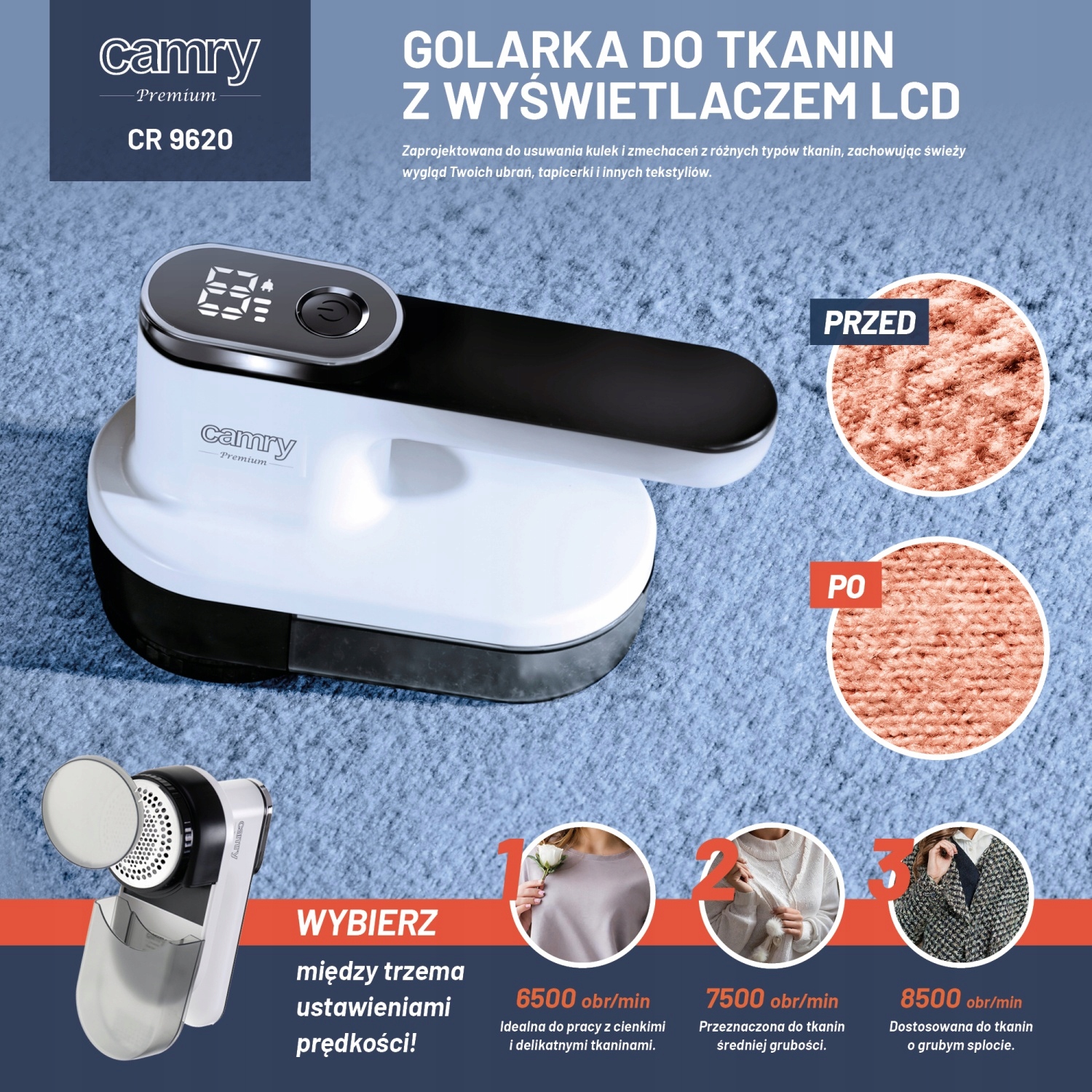Golarka do Tkanin CR 9620 z Wyświetlaczem LCD 3 Prędkości