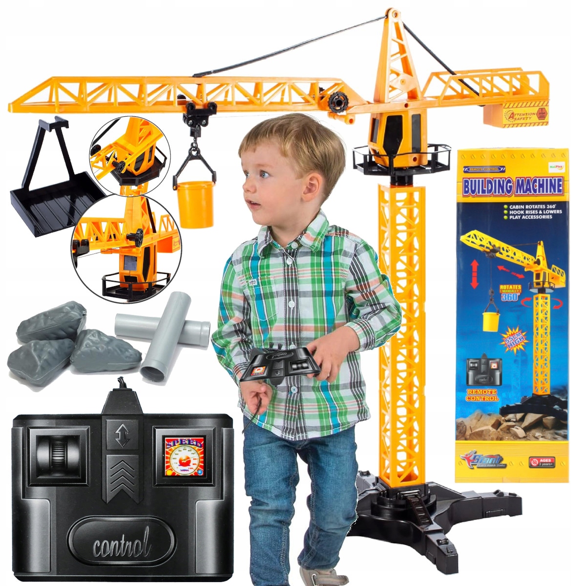 DŹWIG ZDALNIE STEROWANY ŻURAW BUDOWLANY Z PILOTEM NA KABEL podnosi wiaderko Baterie 2x AA