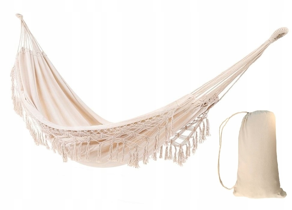 HAMAK BRAZYLIJSKI XL MOCNY OGRODOWY BOHO BALI Z MAKRAMĄ I POKROWCEM beżowy