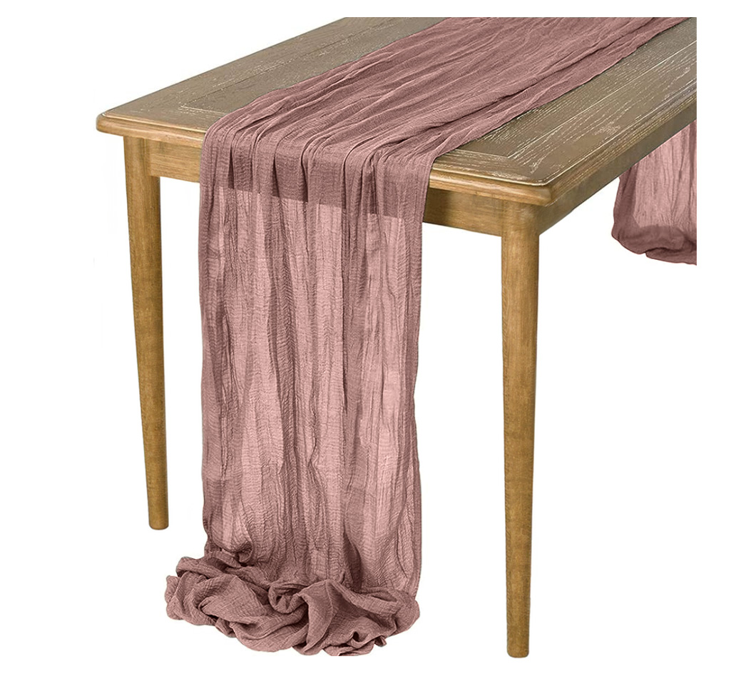 BIEŻNIK BOHO marszczony PUDROWY RÓŻOWY RUSTYKALNY na stół delikatny 90x300