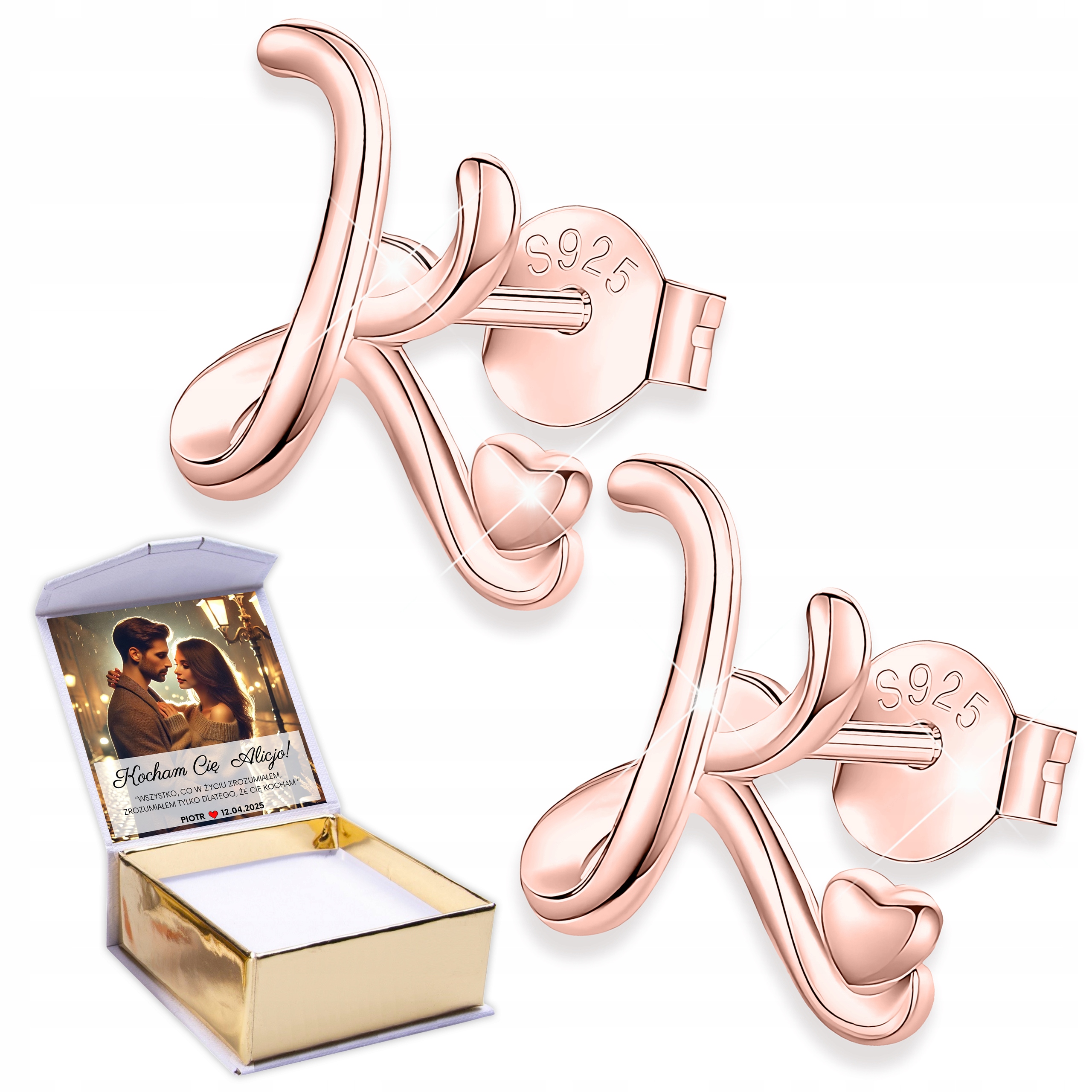 Náušnice Pozlacené 925 písmena Písmena se srdíčky Písmeno K Potisk