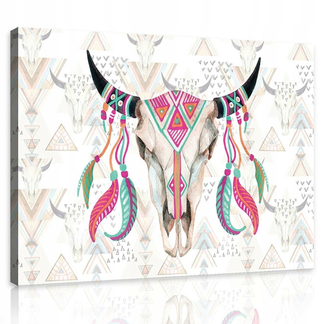 Obraz 100x75 Lebka býka dekor kmenové peří bohémská mystika geometrie
