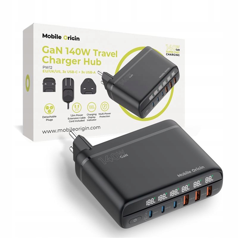 Ładowarka Mobile Origin GaN 140W Travel Hub PW12 Eu/uk/us 3x Usb-c 3x Usb-a