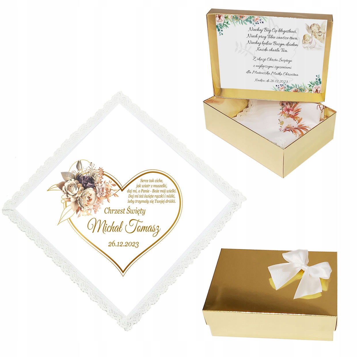 BIAŁA SZATKA DO CHRZTU dla chłopca dziewczynki NA CHRZEST IMIĘ pudełko