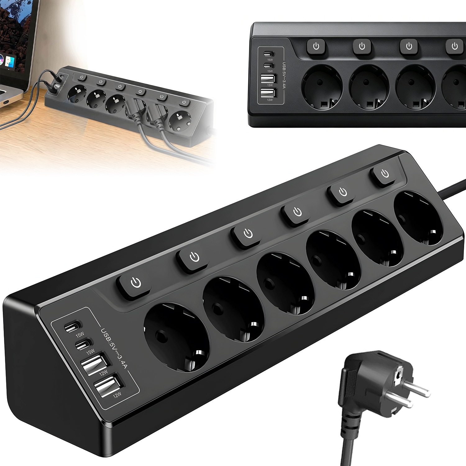 6-CESTNÉ Rohové Zásuvky, Více Zásuvek, Stolní Zásuvka 4X Usb 2 M, Černá