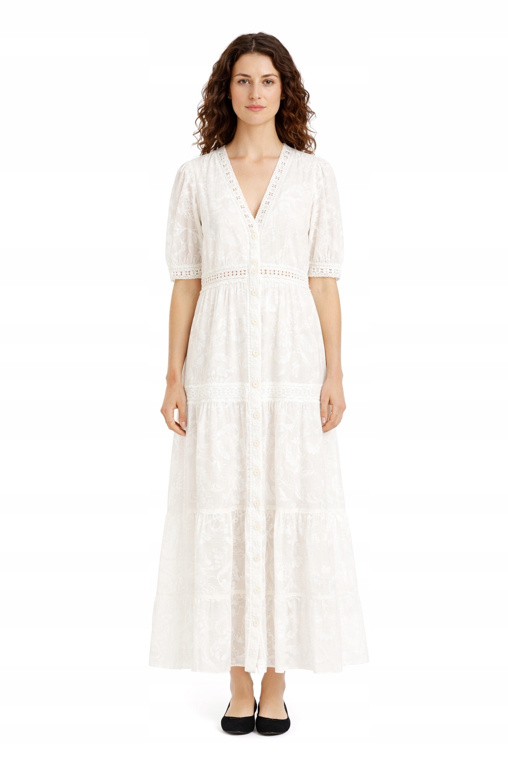 Bílé Šaty S Volánky A Bufetovými Rukávy S/m 1I4A