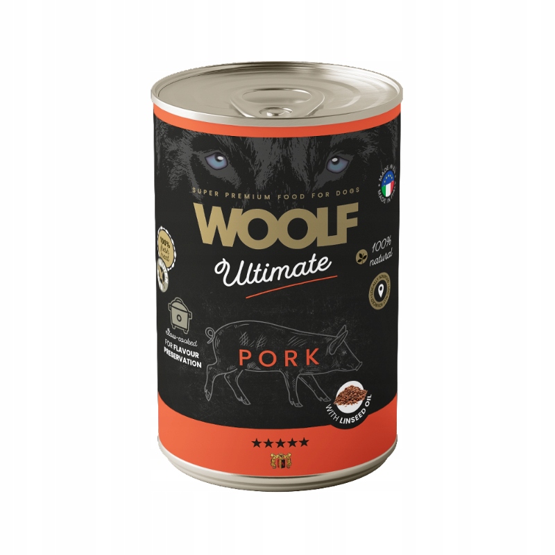 Levně Woolf Ultimate Vlhké krmivo pro psy adult Vepřové maso Lněný olej 12x400g