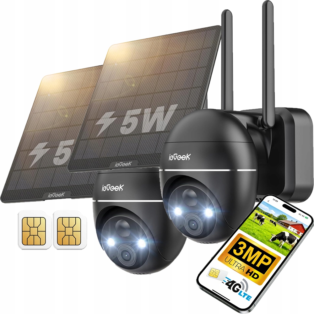 2 kusy Venkovní solární kamera 2K, dva objektivy 3MP Sim karta 4G Lte