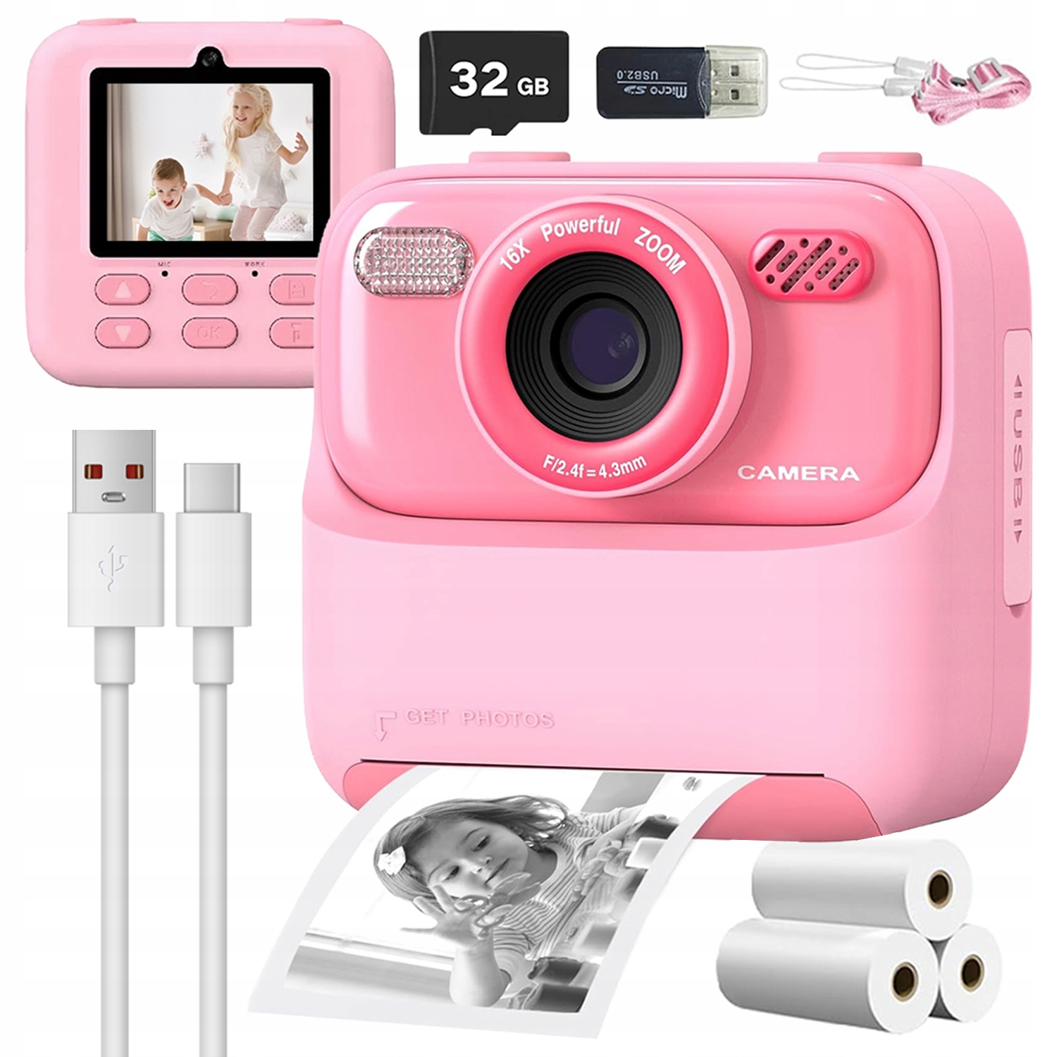 Instantní Fotoaparát Pro Děti, Mini Tiskárna 3 Rolky 32GB Karta