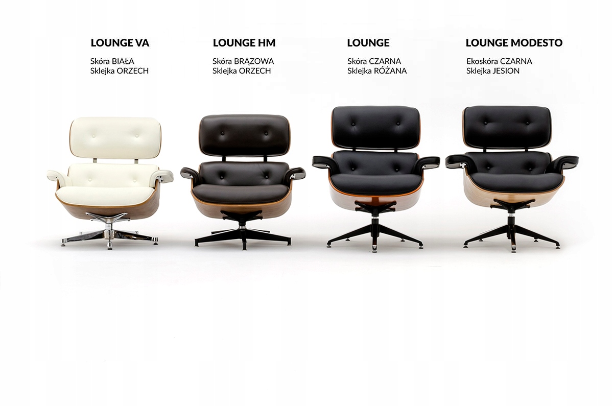 Fotel LOUNGE biały, sklejka orzech - skóra naturalna Szerokość siedziska 1 cm
