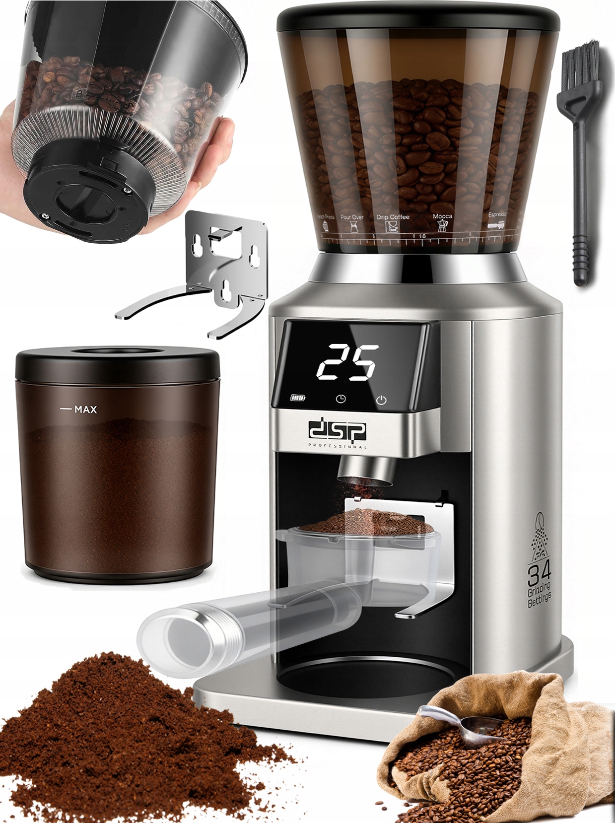 Młynek Elektryczny Żarnowy Do Mielenia Kawy Automatyczny 34 Poziomy 200W