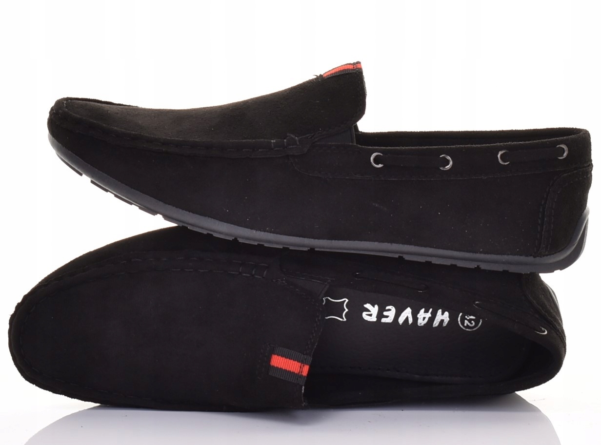 MOKASYNY CZARNE ZAMSZOWE ELEGANCKIE BUTY MĘSKIE CASUAL NA WIOSNĘ LATO Kolor czarny