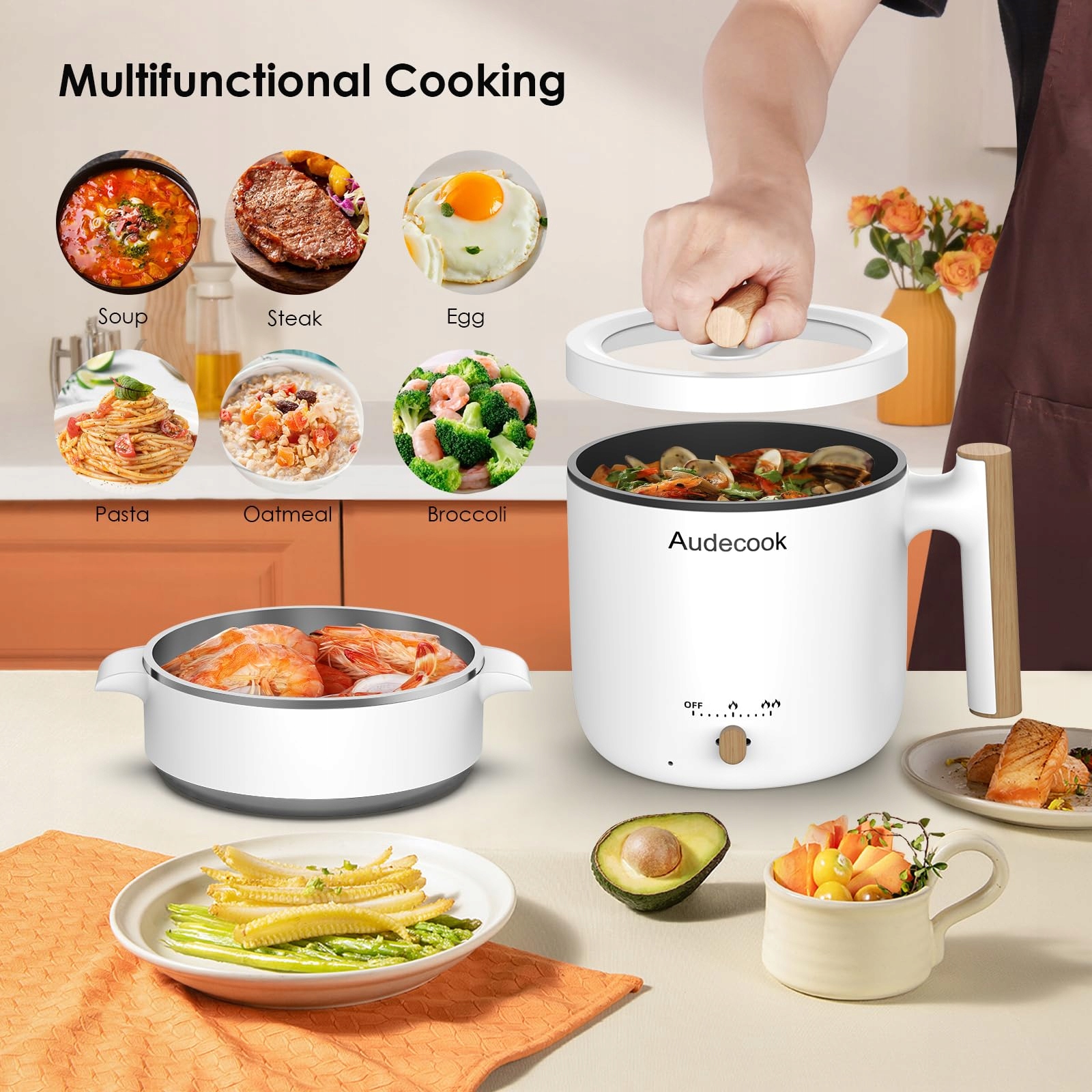 AUDECOOK Elektryczny Parowar Mini Ryżowar 1,8L Wielofunkcyjna Patelnia — miniatura 2