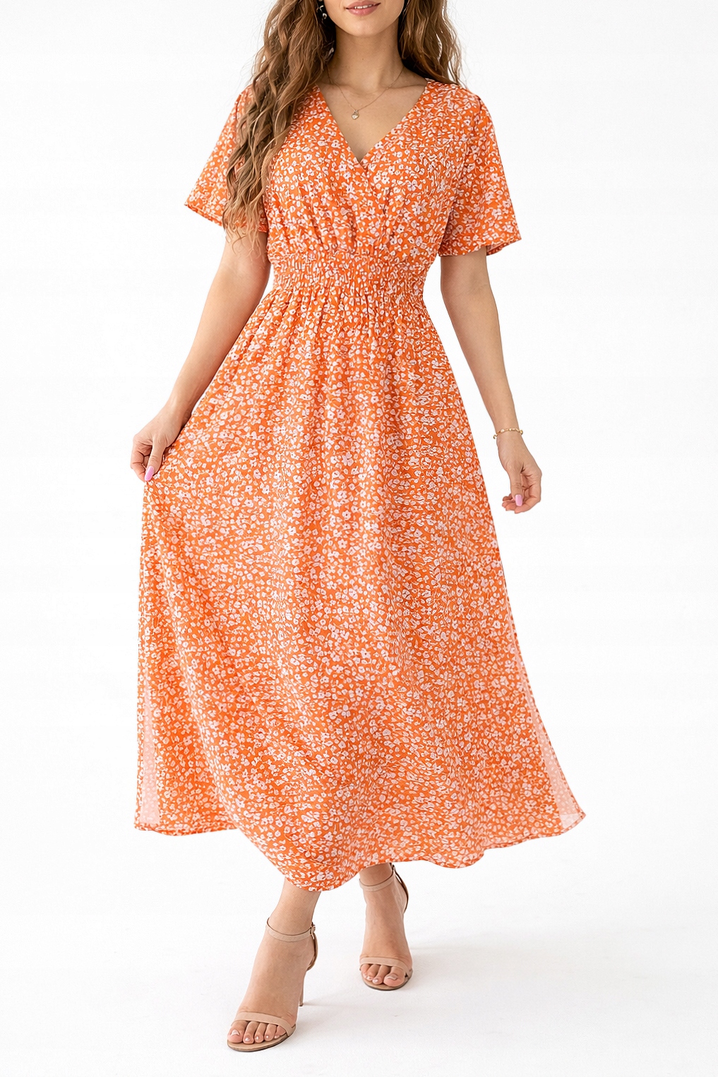 Sukienka damska maxi pomarańczowa kwiaty letnia zwiewna boho XL