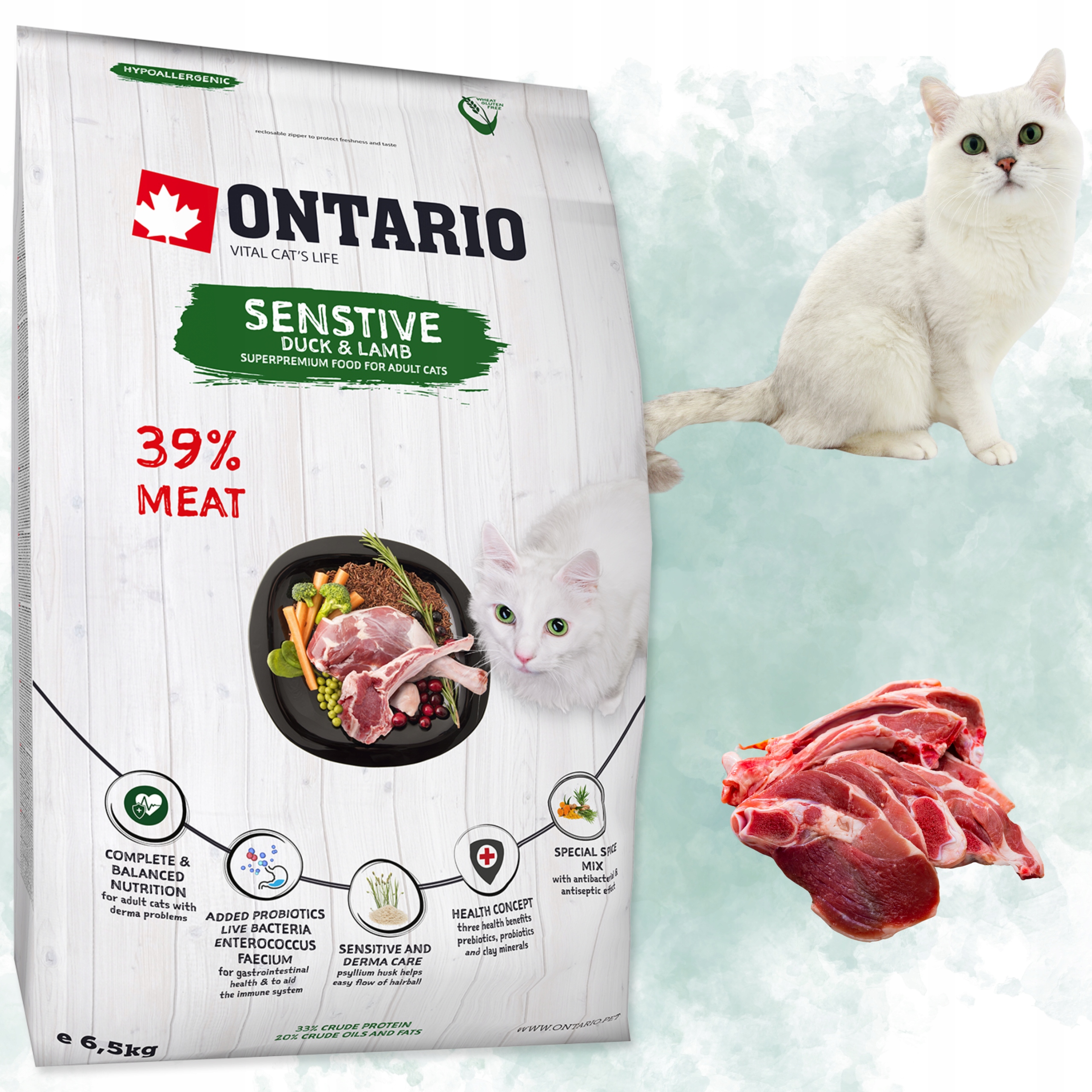 Ontario Cat Sensitive Derma Kaczka Jagniecina 6,5kg