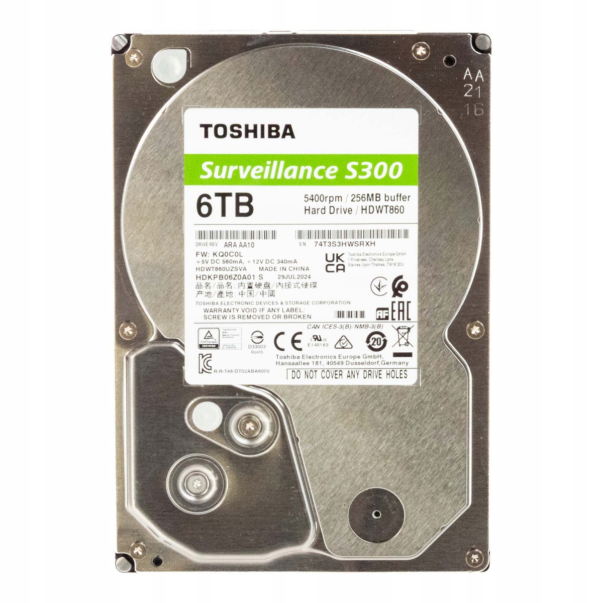 Toshiba Surveillance S300 6TB 5.4K 256MB Sata III 3.5'' HDWT860UZSVA
