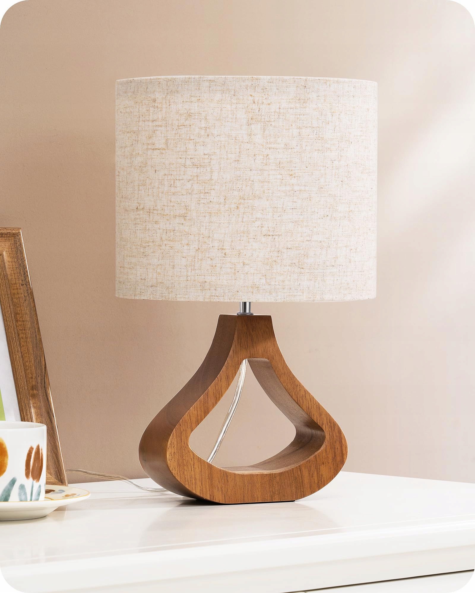 Noční Lampa Lněná Dřevěná Led Podstavec E27 Obývací Pokoj Ložnice 34 CM
