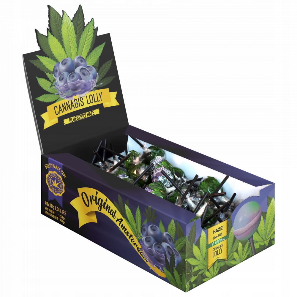 Cannabis Blueberry Haze Lollies konopná Lízátka Display Box 70 lízátek