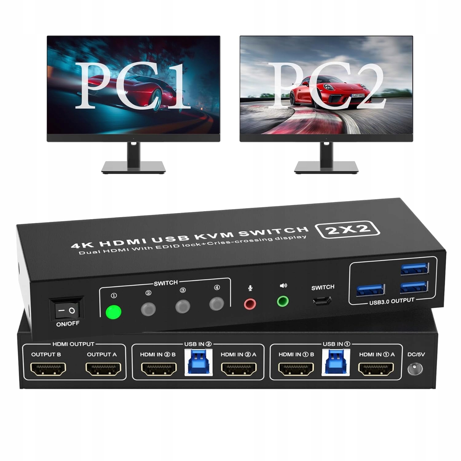 Prepínač Kvm 2 počítače 2 monitory Usb Rytaki 3.0 4K@60Hz s audio
