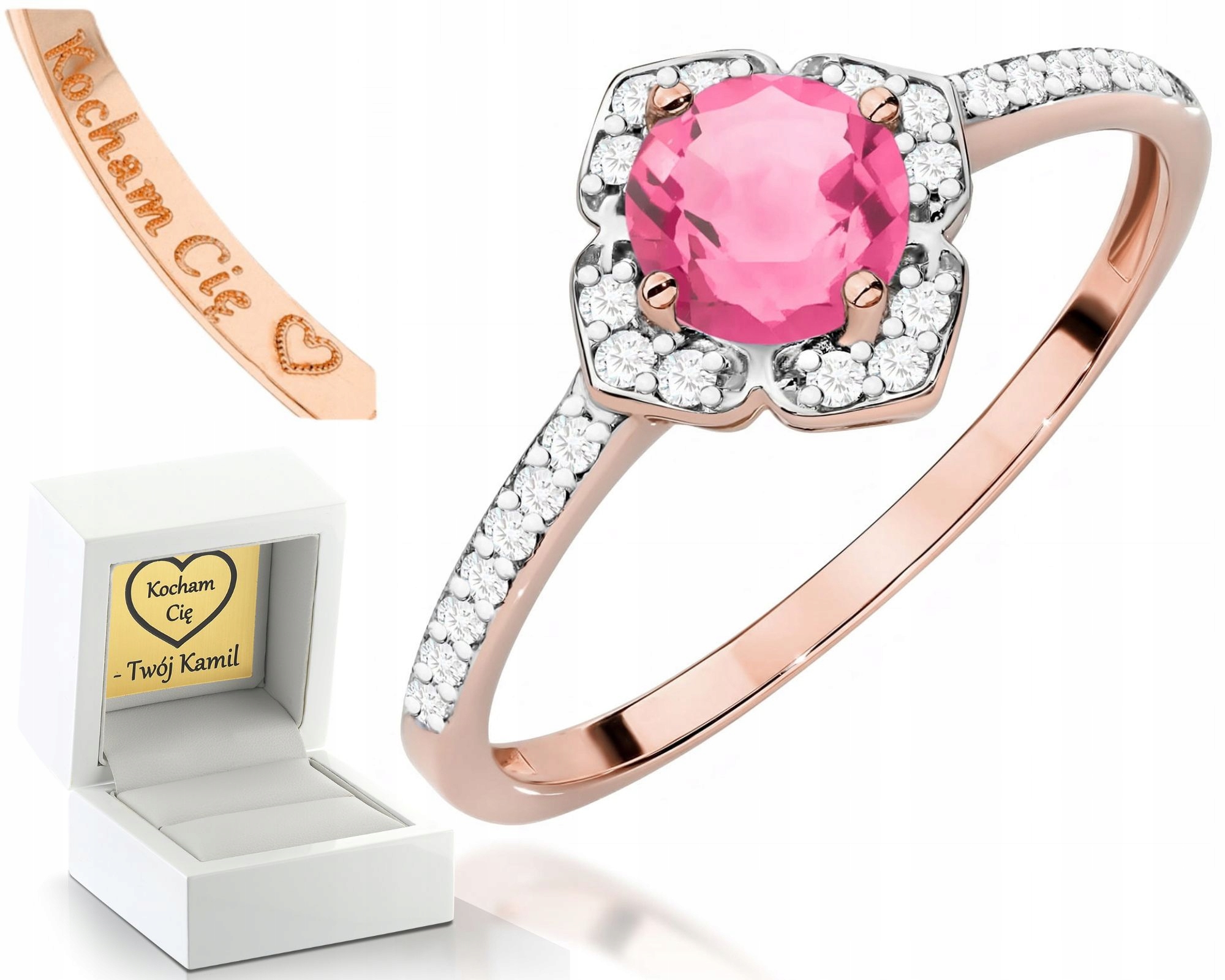 Růžový Zlatý Prstýnek S Diamanty Z Růžového Topazu 585, Dárek Gravírování