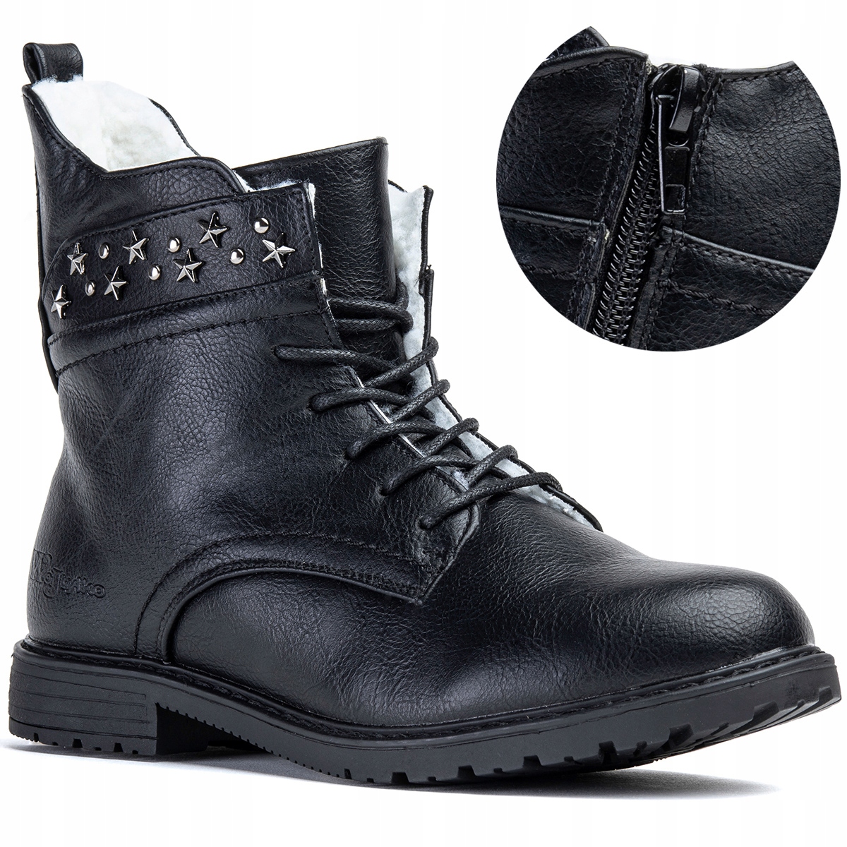 Trzewiki dziewczęce botki OCIEPLANE kożuszkiem modne SUWAK czarne Wojtyłko