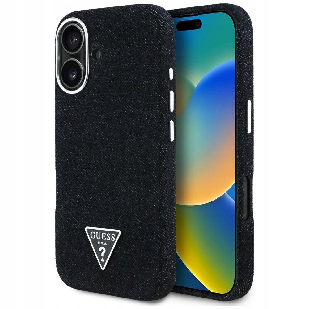 Pouzdro Guess Denim Triangle Logo MagSafe na iPhone 16 černé