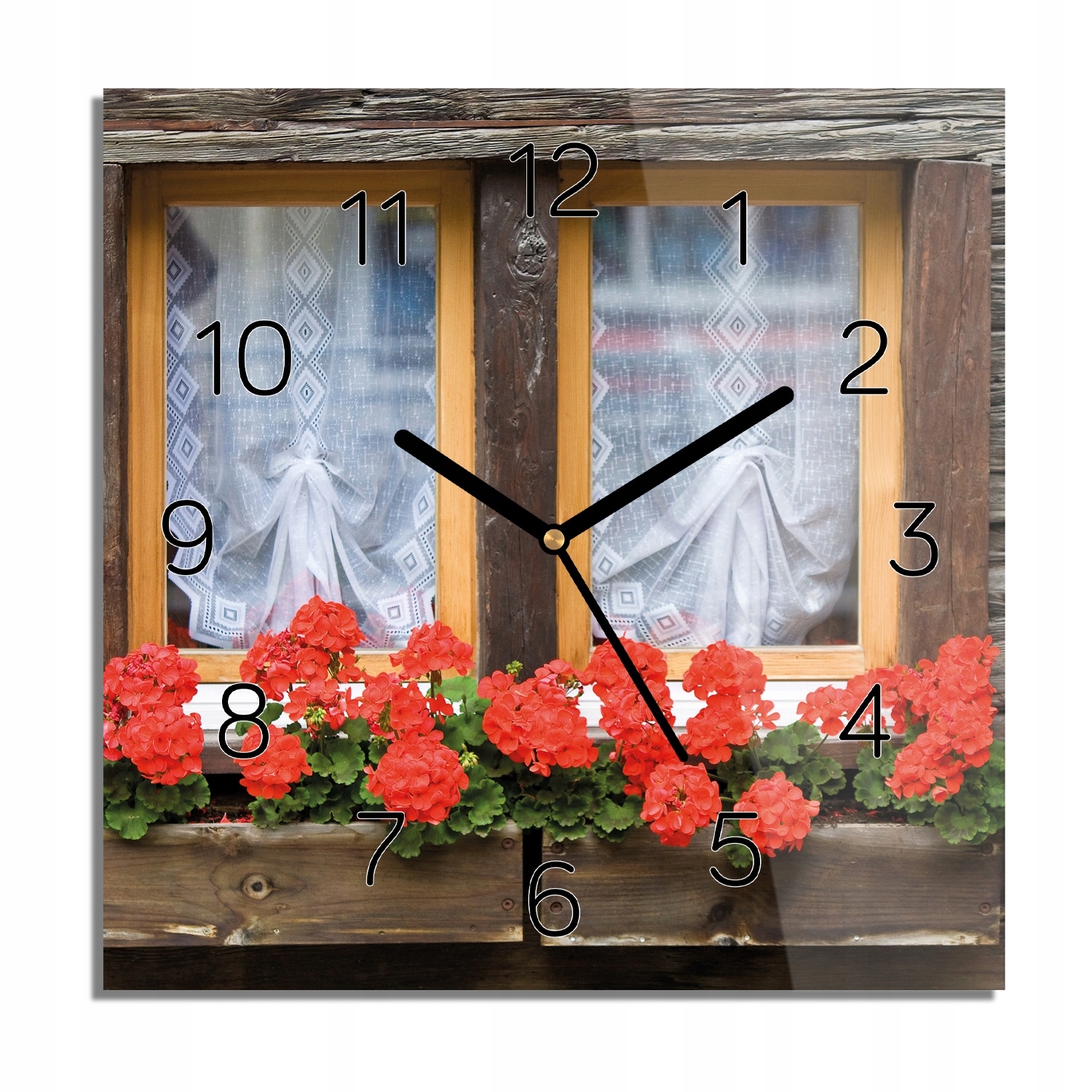

Okno pelargonie zegar na szkle ścienny 30x30 cichy