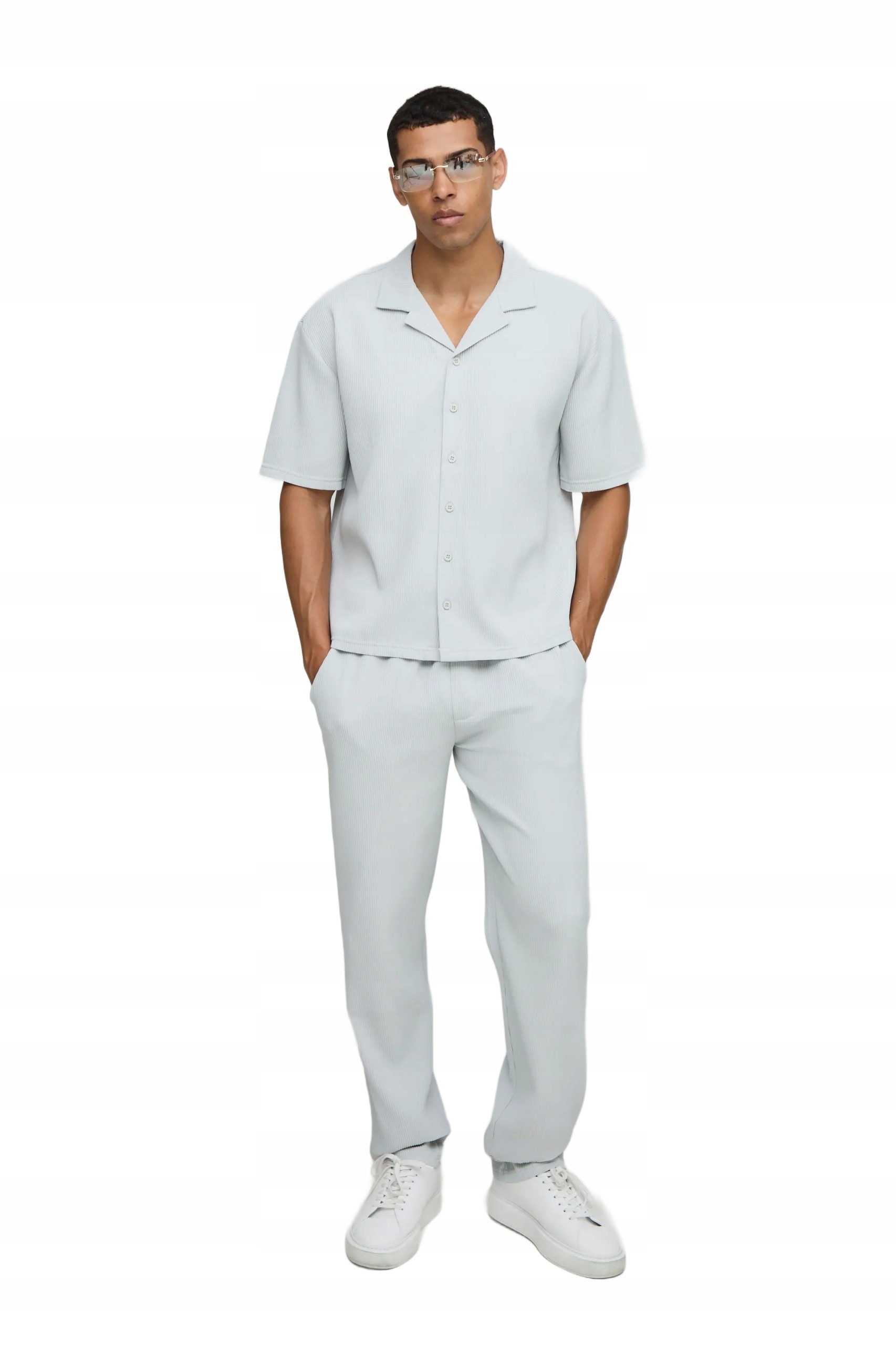 Boohooman Pánský Šedý Komplet Z Žebrované Tkaniny S Krátkým Rukávem XL Z3A