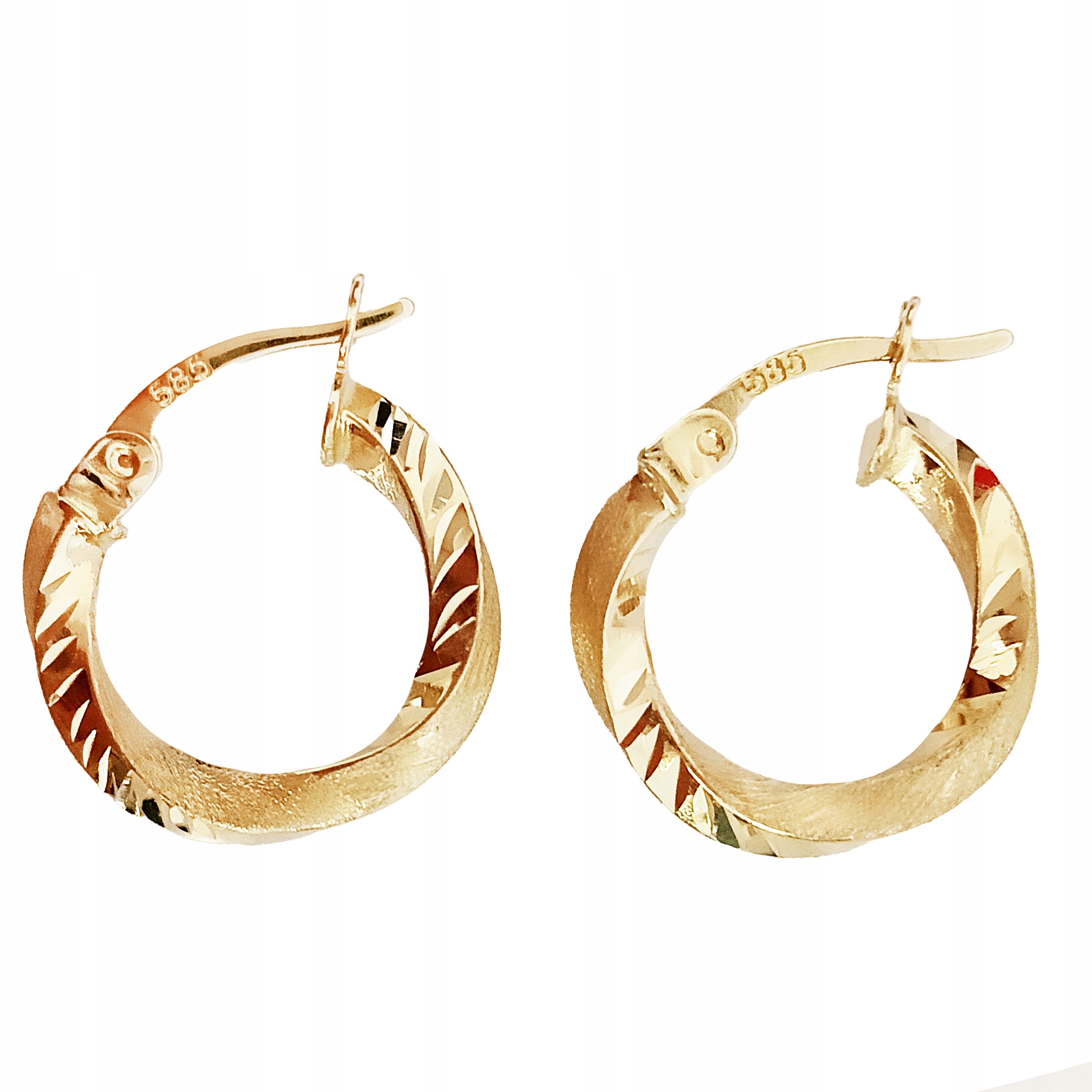 Zlaté náušnice 585 kroucené kruhy zdobené kroužky bez zirkonů jako dárek